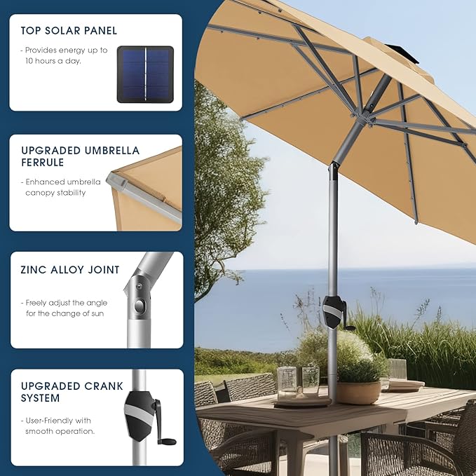 BLUU 9 Ft Patio Umbrella with Solar LED Lights, 5-Year Fade-Resistant Aluminum Outdoor Table Umbrella with Tilt Adjustment and Crank for Pool, Deck, Garden and Lawn, Beige