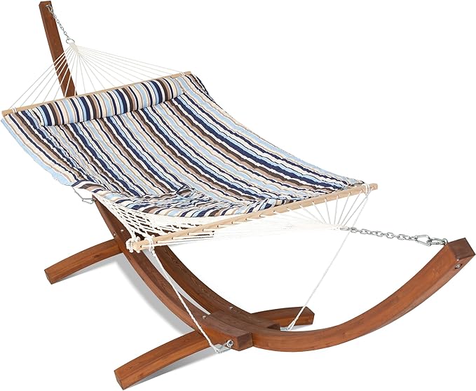 ANOW 13.5FT Curved Wood Stand with Double Hammock, Heavy Duty Larch Wood Arc Stand with 2 Chains, 4 Balance Ropes and 4 Carabiners, Includes Blue Seaside Rope Hammock with Spreader Bars