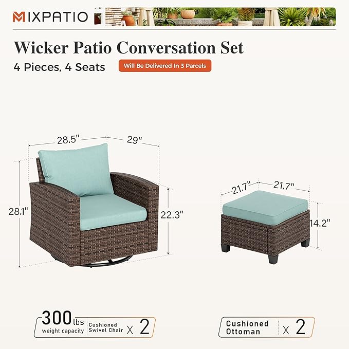 4 Pieces Swivel Wicker Patio Furniture Set, Rattan Outdoor Conversation Set with 2 Pieces Swivel Glider Chairs, 2 Pieces Ottomans, Blue