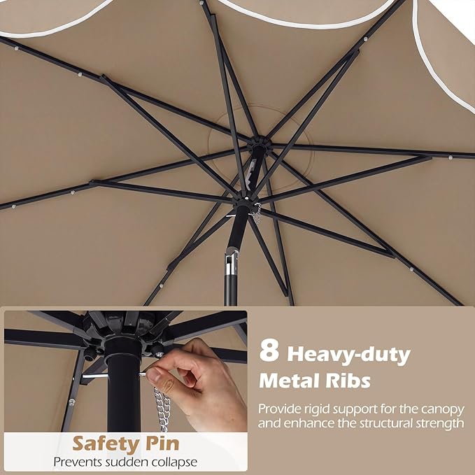 Tangkula 9 FT Solar Patio Umbrella, 2-Tiers Outdoor Scalloped Table Umbrella with 24 LED Lights, Tilt Adjustment, Crank, 8 Ribs for Market Backyard Pool Deck Beach Lawn