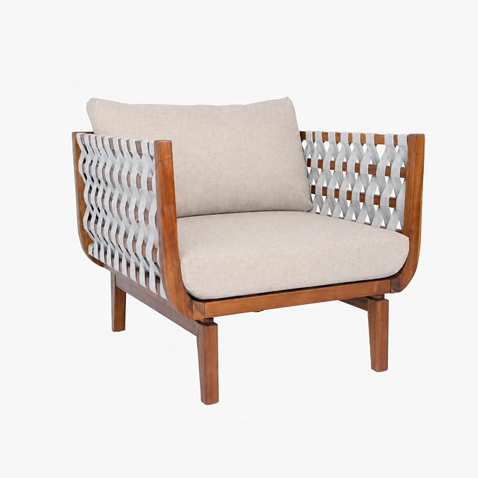 Christopher Knight Home Gwen 5 Piece Acacia Wood Patio Conversation Set with Sofa, Coffee Table, Ottomans and Club Chair, Patio Sofa Set with Cushions, Outdoor Patio Furniture Set, Teak+Beige