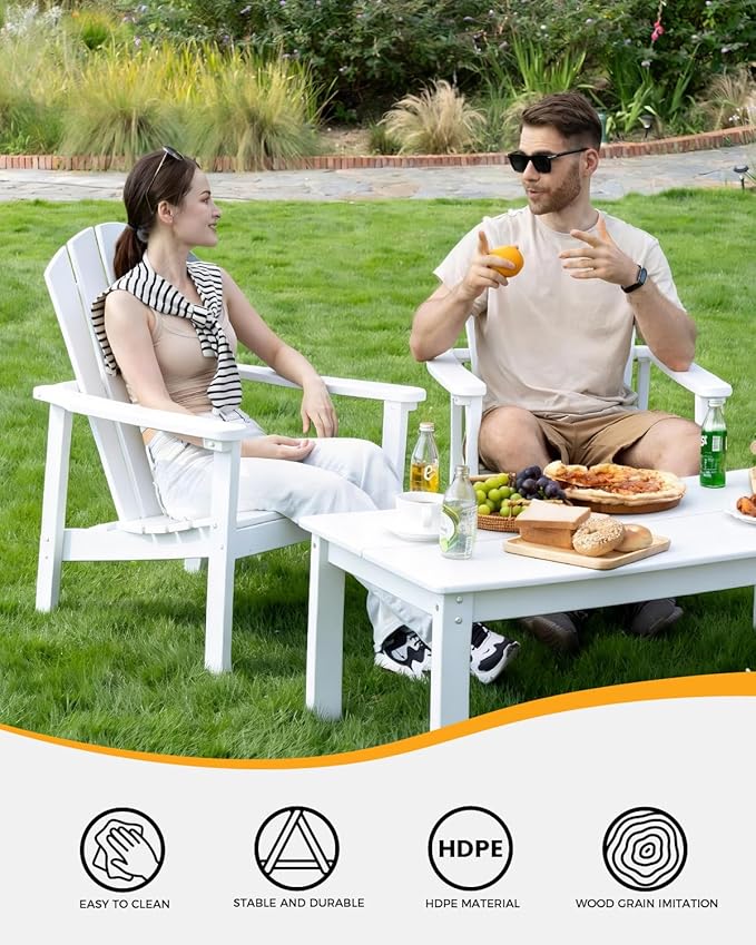 nevilywood Compact Stackable Adirondack Chairs,All Weather HDPE,380lb,White | 26.3" Wide HDPE.All-Weather Outdoor.Maintenance-Free.Stackable for Storage.25°Curved Straight Backrest.Quick Assembly