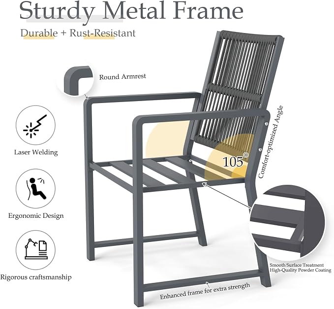 6 Pieces Metal Outdoor Dinning Set Featuring 2 Tables and 4 Ratten Chairs Waterproof and Rust-Proof Courtyard Style Table Garden Balcony Poolside, Dark Gray 6 Pcs