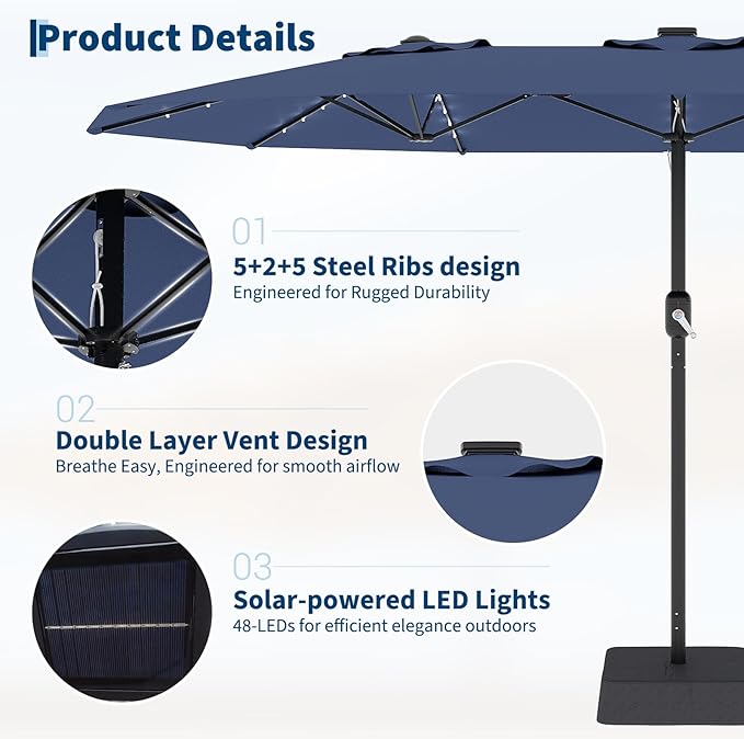 Garvee 15FT Rectangular Patio Umbrella with Solar Lights & Base Included - Large Patio Umbrella with Crank Handle 48 LED Lights, UV Protection for Outdoor Market, Backyard, Deck, Poolside, Navy Blue