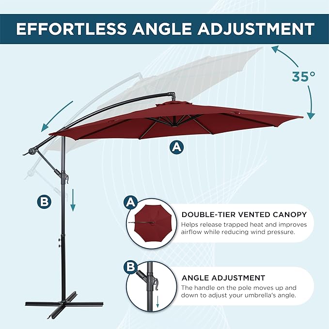 10FT Offset Patio Umbrella, Cantilever Hanging Umbrella with Infinite Tilt, Fade-Resistant Water-Repellent Canopy & Cross Base for Yard, Garden & Deck
