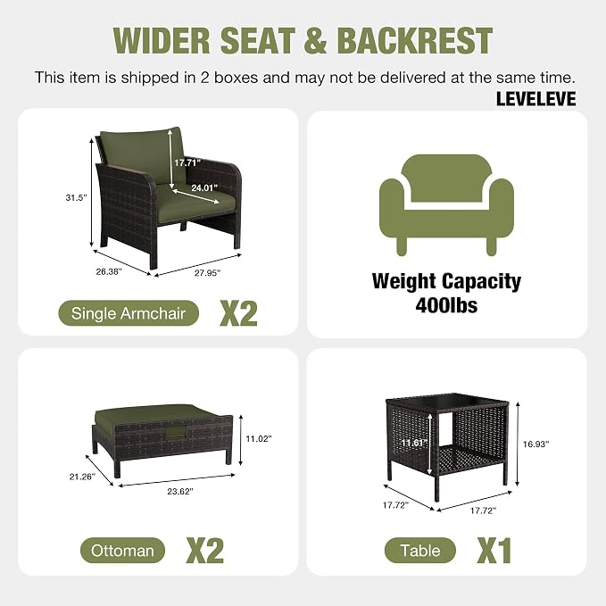 LEVELEVE Patio Conversation Set 5 Piece, Balcony Furniture Outdoor PE Rattan Wicker Lounge Chairs with Soft Cushions, 2 Ottomans & Glass Table for Porch Lawn, Brown (Army Green Cushions