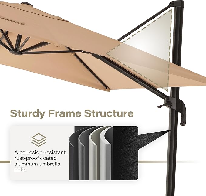 LAUSAINT HOME Patio Umbrella Outdoor, 10 Feet Cantilever Umbrella Aluminum Offset Umbrella with 360-degree Rotation for Backyard, Pool, Lawn, Deck (Square, Khaki)