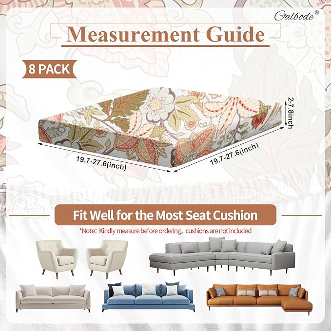 CALBODE 8Pcs High Elastic Digitally Printed Sofa Seat Cushion Cover, Soft & Comfortable Reusable Floral Print Stretch Couch Cushion Slipcover for Outdoor Furniture Protector Replacement(Cover Only