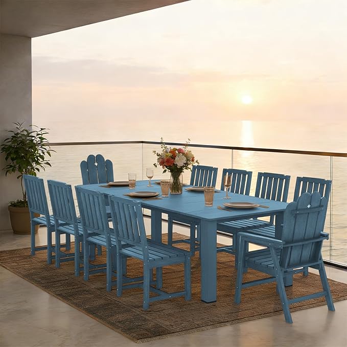 11-Piece Patio Dining Set, Outdoor Dining Set for 10, HDPE All-Weather Outdoor Furniture with 89.57” Umbrella Hole Table, 2 Armchairs & 8 Armless Chairs, Navy