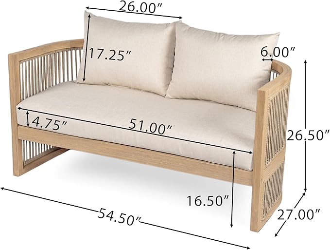 Christopher Knight Home Delbert Acacia Wood 4 Piece Patio Furniture Set, Wooden Patio Conversation Set with Club Chair+Coffee Table, 4-Seater Outdoor Loveseat Sofa Chair and Table Set, Natural+Beige