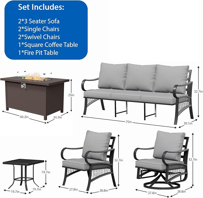 8 Piece Patio Furniture Set, All Weather Metal Outdoor Conversation Set with 50000 BTU Propane Fire Pit Table, 3 Seat Sofa, 2 Swivel Chairs and 5" Cushions for Garden, Porch, Lawn, Grey