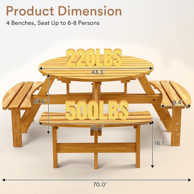 Zevemomo 8 Person Wood Picnic Table, Round Tabletop with Umbrella Hole, 4 Built-in Curved Benches, 2220LBS Total Capacity for Patios, Backyard, Light Wood Color