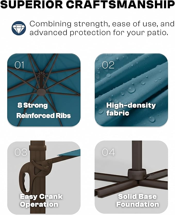 9x9 FT Square Cantilever Umbrella,Easy Tilt, Fade Resistant & 360° Rotation, Offset for Pool Deck Backyard Patiolake blue (Base not Included)
