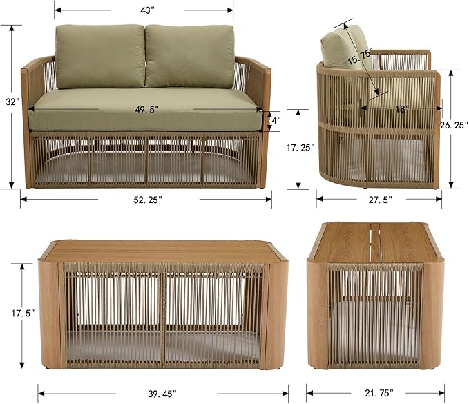 Patio Lounge Sofa Set of 2, Loveseat Rope Patio Furniture Set with Table, Outdoor Aluminum Conversation Sets, Outdoor Chair Sets for Porch, Garden, Deck, Balcony, Green