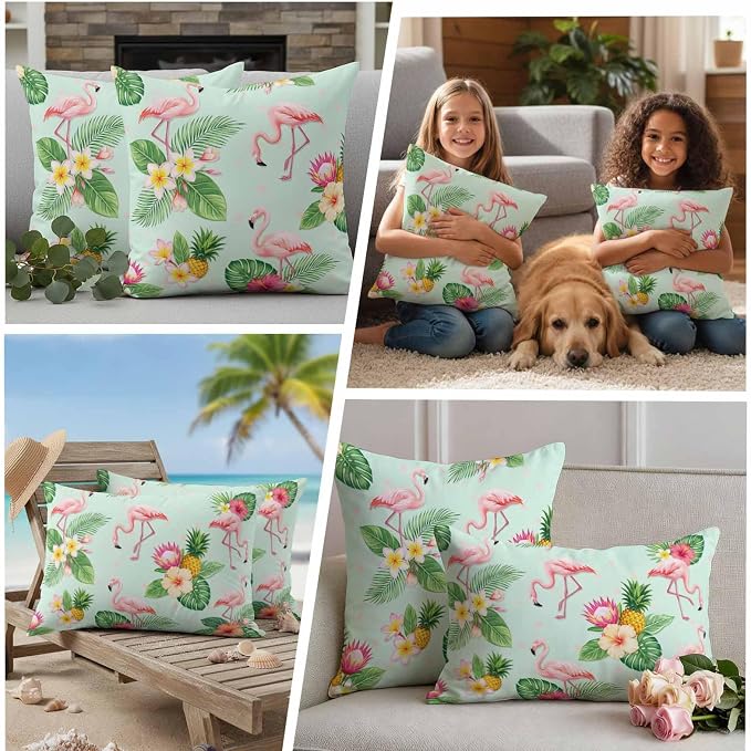 Pink Flamingos Outdoor Pillow Covers 26"x26" Set of 2, Summer Tropical Yellow Pineapples Green Palm Leaf Waterproof Throw Pillow Covers for Patio Furniture, Decorative Cushion Covers for Porch
