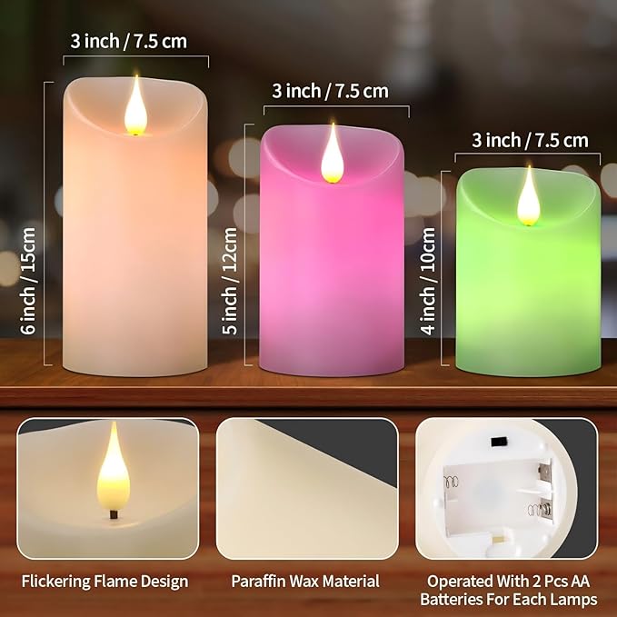 Flameless LED Color Changing Candles, Battery Operated Candle with Remote Control and Timer, Realistic Flame, Dimmable, Pillars for Christmas Party Decoration, D3''xH4''5''6'', 3Pcs