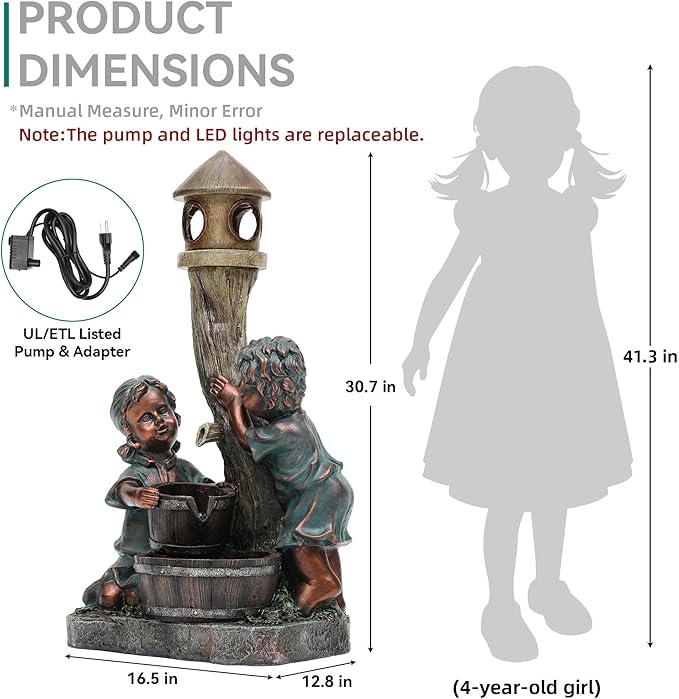 31" H Boy & Girl Outdoor Water Fountain with LED Lights, Faux Bronze Resin Statue Fountain, Wood Barrel & Pagoda Design, 3-Tier Cascading Waterfall for Serene Patio, Yard and Porch