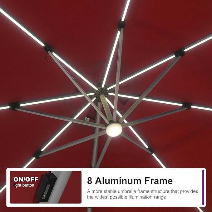 PURPLE LEAF Cantilever Umbrella with base 11ft Outdoor Round Patio Solar Powered LED Umbrella with 360-degree Rotation for Garden Deck Pool Patio, Terra