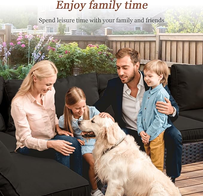 9 Pieces Outdoor Sectional Patio Furniture Set with Fire Pit Table PE Rattan Wicker Patio Sectional Armless Conversation Set with Cushions Black