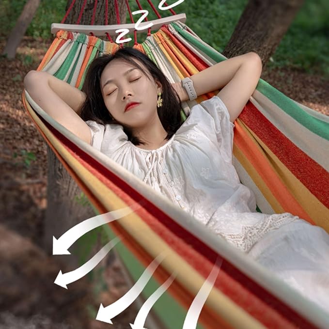 Portable Canvas Hammock with Wooden Sticks for Outdoor Camping and Playing Portable Tree Hanging Good Hammock Comfortable(L)