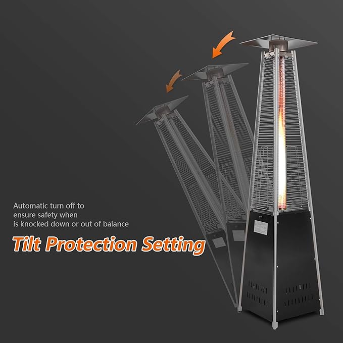 LUCKYERMORE Pyramid Patio Heater Outdoor, 42,000 BTU Wind-Resistance Quartz Glass Tube Flame Heater with Wheels Propane, Black