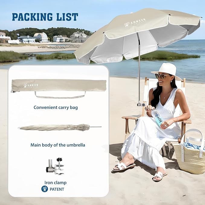 AMMSUN Chair Umbrella with Universal Clamp Adjustable 47 inches and 360° Swivel & UPF 50+ Protection Portable Sun Umbrella, Secure Clip on Camping/Beach Chairs, Stroller, Wheelchair, Golf cart, Lounger, Beige, 2 PACK