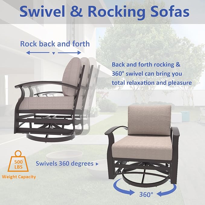 ALAULM Aluminum Patio Furniture Set with 40,000 BTU Round Propane Fire Pit Table 4-seat Metal Outdoor Furniture w/Swivel & Rocking Conversation Set for Patio, Lawn, Poolside（Sand