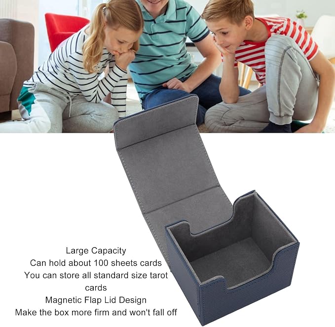 Zunate Card Deck Box for Tarot or Game Cards, Large Capacity PU Leather Storage Box/Cover with Magnetic Flap Lid, Holds 100 Cards, Soft Felt Lining, Black Finish (Blue)