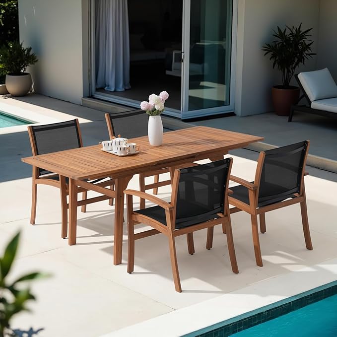 OC Orange-Casual Patio Furniture Set, Acacia Wood Patio Dining Set for 6-8, Outdoor Expandable Table and Chairs Set with Umbrella Hole and Breathable Textilene Fabric for Garden (Black, 5 Pieces)