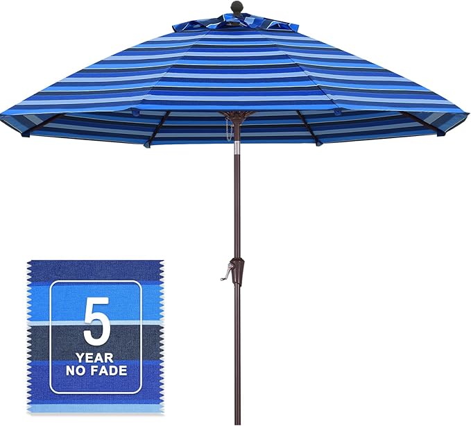 MASTERCANOPY Olefin 5-Year-Non-Fading 9ft Patio Umbrella with Tilt and Crank, Large UV Resistant Outdoor Table Umbrella with 8 Fiberglass Ribs for Deck, Yard & Market, Navy Multi-Stripes