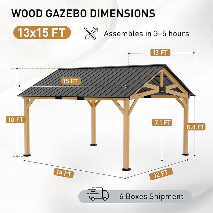 EAGLE PEAK 13x15 Hardtop Gazebo, Exposed Beam Rustic Gazebo, Galvanized Steel Gable Roof with Cedar Wood Frame, Outdoor Pavilion for Patio, Deck, Lawn and Garden Natural Wood/Black