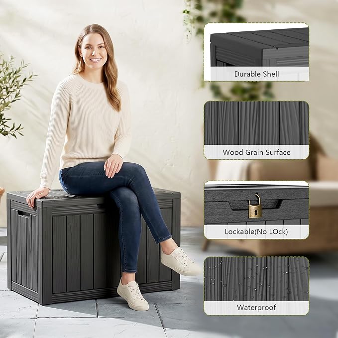 Waterproof Outdoor Storage Box Outside Deck Box Lockable Resin Bench UV Resistant Furniture Cushion Pool Tool Float Bin Patio Garden Porch (Black, 50 Gallon)
