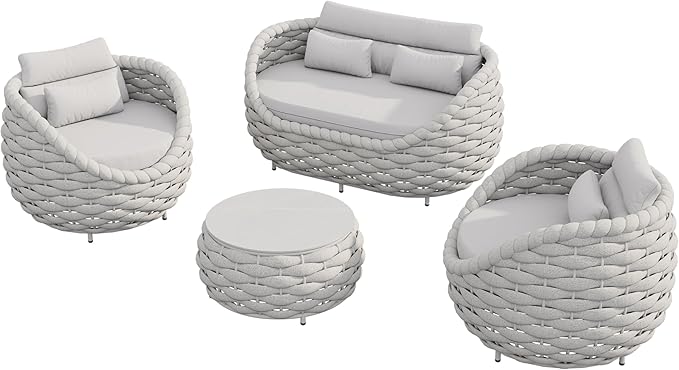 Patio Sofa Set for Outdoor and Indoor Use All-Weather Textilene 4 Pieces Conversation Set, Sectional Sofa and Coffee Table Aluminum Frame Garden Furniture (Gray)