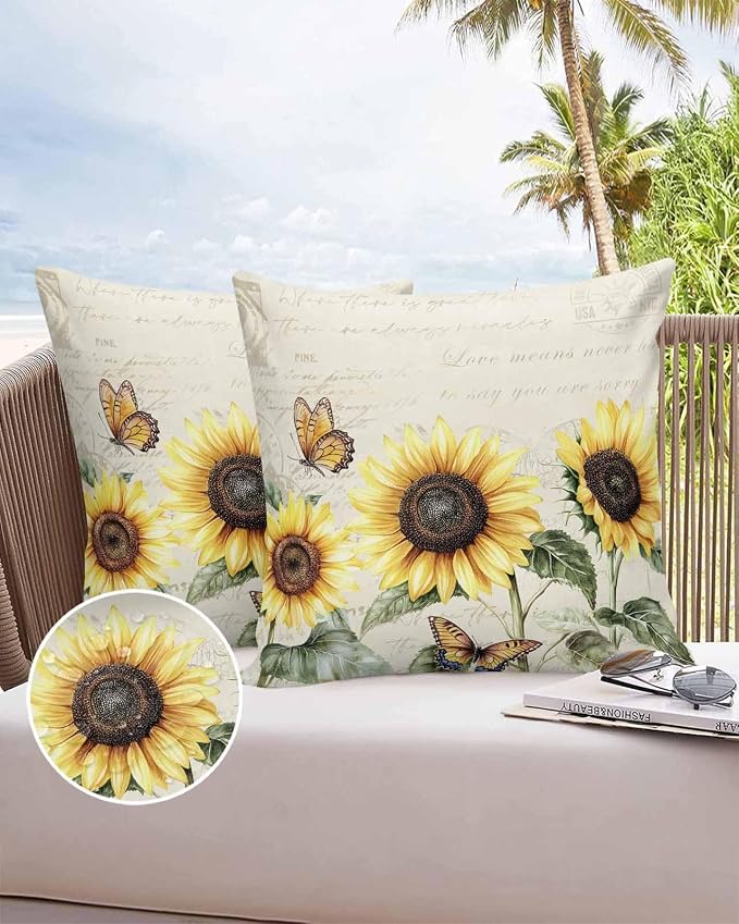 Sunflower Outdoor Waterproof Throw Pillow Covers 26"x26" Set of 2, Pastoral Style Sunflower Butterfly Decorative Garden Pillowcase with Zipper Retro Farmhouse Cushion Case for Patio Couch Tent