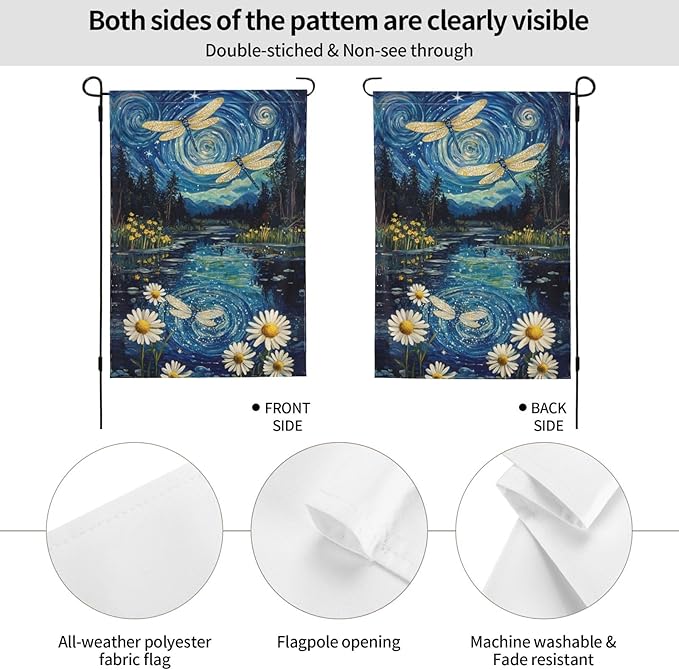 Night Dragonflies Garden Flag 12x18 Inch Double Sided All-Weather Polyester Outdoor Flag For Patio Lawn Yard And Garden Welcome Decor
