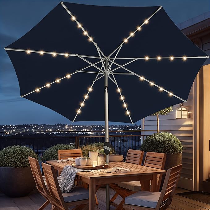 BLUU 9 Ft Patio Umbrella with Solar LED Lights, 5-Year Fade-Resistant Aluminum Outdoor Table Umbrella with Tilt Adjustment and Crank for Pool, Deck, Garden and Lawn, Navy Blue