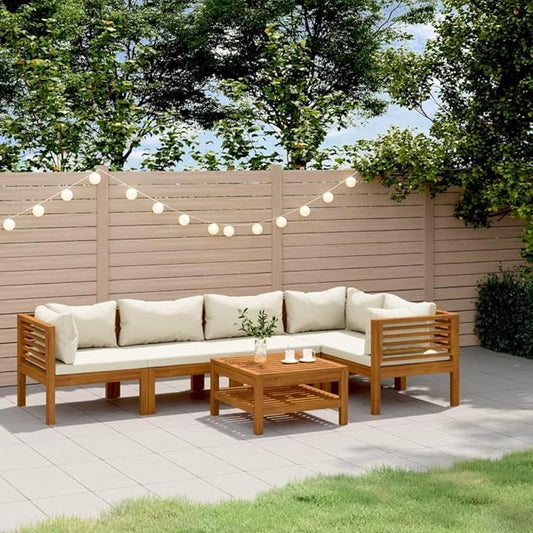 6 Piece Patio Lounge Set, Patio Conversation Set Sectional Sofa Porch Furniture Set Outdoor Dining Sets for Garden Poolside Piazza Negotiation Area with Cream Cushion Solid Acacia Wood