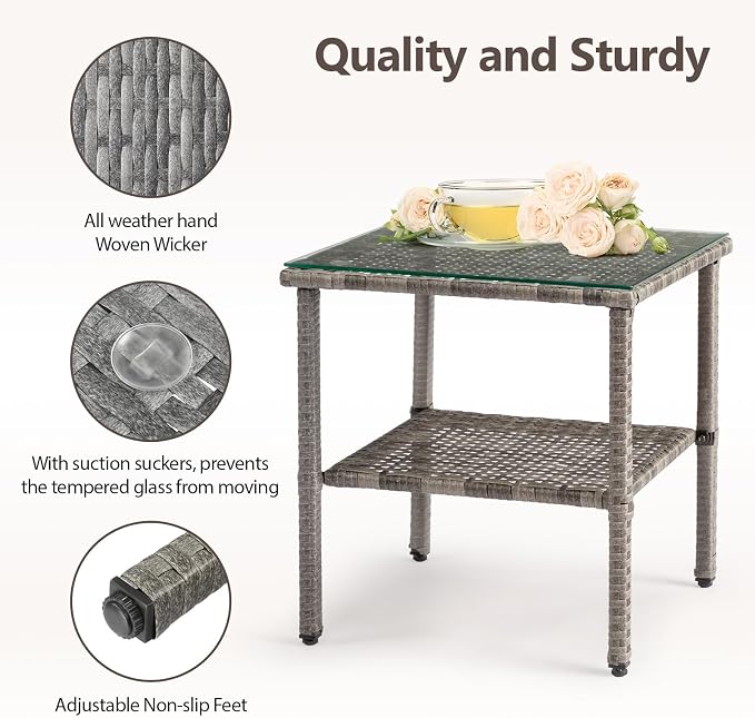 Outdoor PE Wicker Side Table with Storage, Patio Rattan End Table Square Glass Top Table for Furniture Gardening Tools