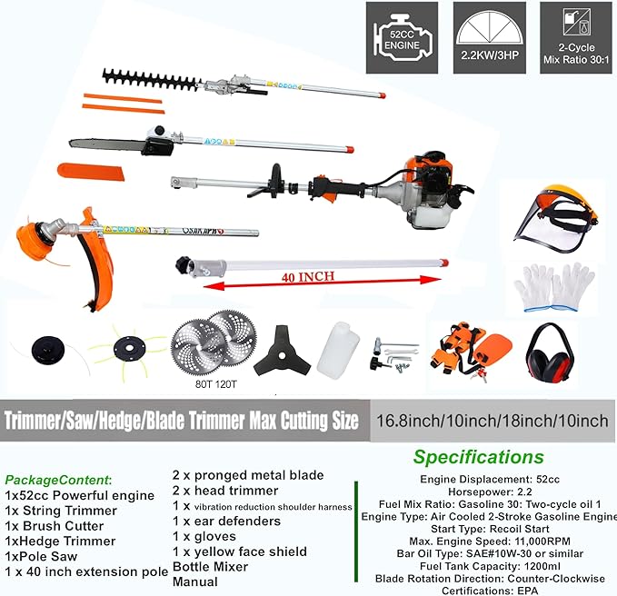 52cc 2-Cycle Gas Multi-Trimmer | 12-in-1 String Trimmer w/Rotatable 40” Pole Saw, Weed Eater Weed Wacker, Brush Cutter & Hedge Trimmer Gas for Lawn, Yard, Garden Care, All-in-one Garden Tool