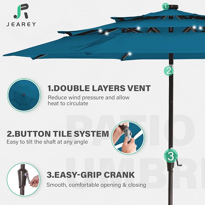 JEAREY 3 Tiers Patio Umbrella with Solar Lights 9ft Outdoor Market Table Umbrellas with Push Button Tilt for Outside Pool Garden, Lake Blue