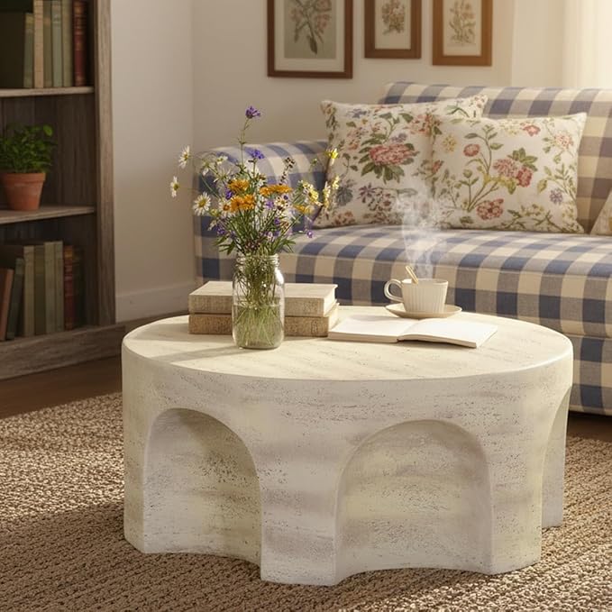 Round Marble Coffee Table 31.5" Faux Stone Coffee Table for Living Room, Modern Travertine Center Table, Magnesium Oxide, No Assembly, Beige