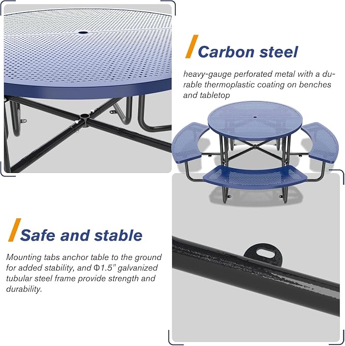 46'' Round Outdoor Metal Picnic Table Expanded,Lifetime Steel Picnic Table with Umbrella Hole,Heavy Duty Sturdy Commercial for Patio, Backyard, Garden (Includes 4 Built-in Benches) Blue
