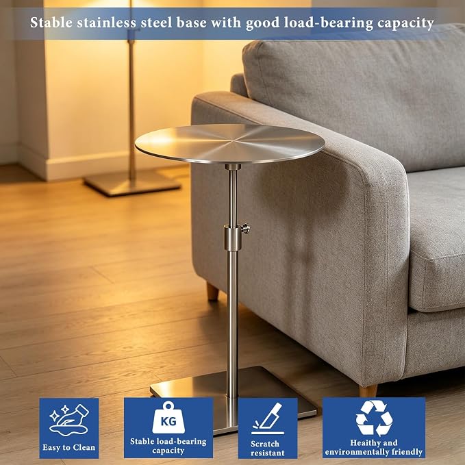 Stainless Steel Round Dining Table - Metal Breakfast Bar & Coffee Side Table for Cafes, Restaurants, Outdoor Patios - 50cm Diameter Silver Side Tables