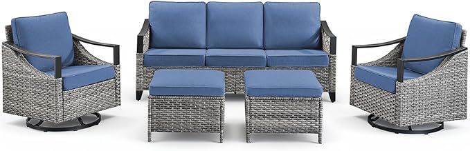 Outdoor Patio Furniture Set-5 Pieces All-Weather Wicker Outdoor Furniture with High Back Wicker Swivel Patio Chairs Outdoor Patio Conversation Sets for Garden Porch Deck Grey/Blue