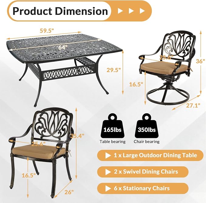 9 Piece Outdoor Patio Dining Set for 8, Cast Aluminium Large Square Dining Table & 2 Swivel Rocker Chairs, 6 Stationary, 8 Cushions, Umbrella Hole, Patio Furniture Set for Garden, Khaki