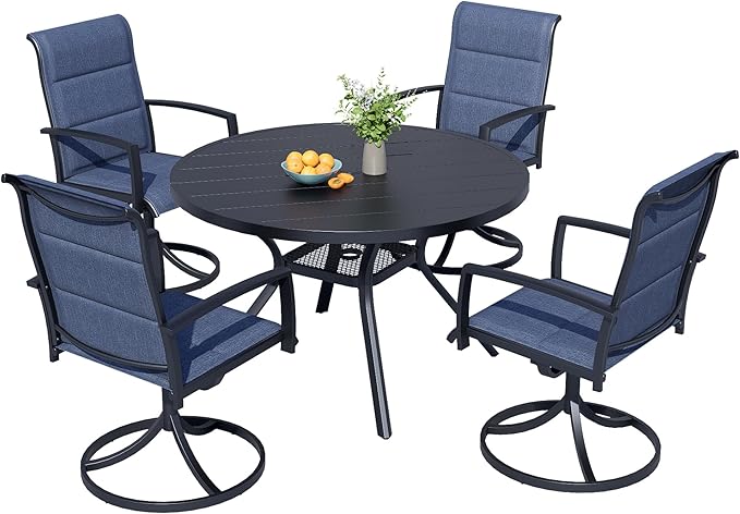 MEOOEM 5-Piece Patio Dining Set for 4, Outdoor Round Tables and Swivel Chairs Set of 4, All Weather Heavy Duty Outdoor Patio Table and Chairs Swivel for Outside, Deck, Garden, Backyard,Blue
