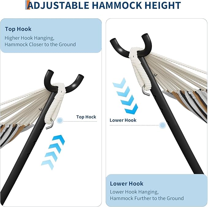 Double Hammock with Stand for 2, Heavy Duty 350 Lb Capacity Portable Rope Hammock for Indoor & Outdoor Use, Includes Padded Mat and Pillow, Tool-Free Easy Assembly, Light Blue