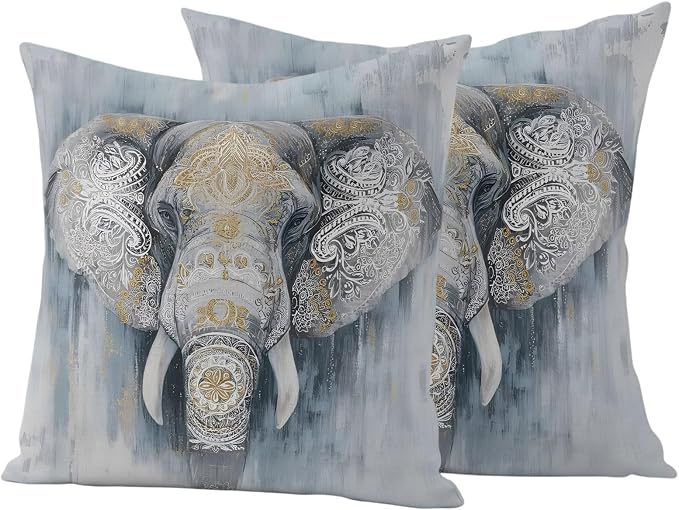 Boho Elephant Outdoor Pillow Covers 20"x20" Set of 2, Floral Pattern Animal Abstract Waterproof Throw Pillow Covers for Patio Furniture, Decorative Cushion Covers for Porch
