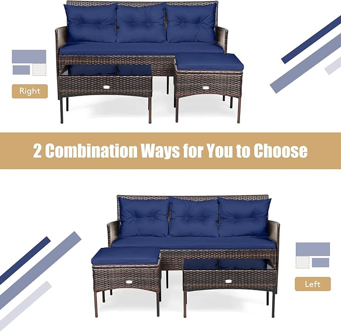 HAPPYGRILL 3 Piece Outdoor Rattan Conversation Set Patio Furniture Set with Tempered Glass Coffee Table, 5 Elastic Seat & Back Cushions, Sectional Sofa Set for Poolside Balcony Backyard