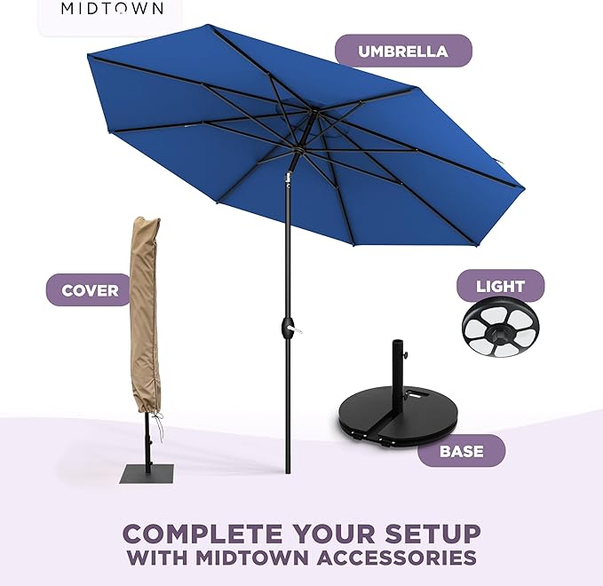 Midtown Umbrellas – The Lean 9 Ft Patio Umbrella with 10-Year-No-Fade Acrylast Acrylic Fabric, Auto-Tilt and 8 Reinforced Ribs for Deck, Pool, Garden, Hotel & Cafes – Deep Atlantic Canopy, Black Pole